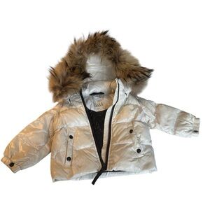 SAM White Puffer Jacket with Real Fur Trim
